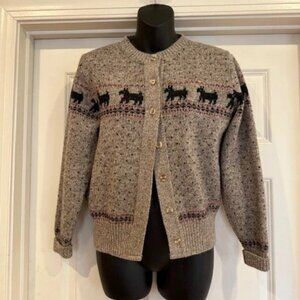 Lands' End Scottie Dog 100% Wool Cardigan Sweater Size Medium Taupe Oatmeal NWOT
